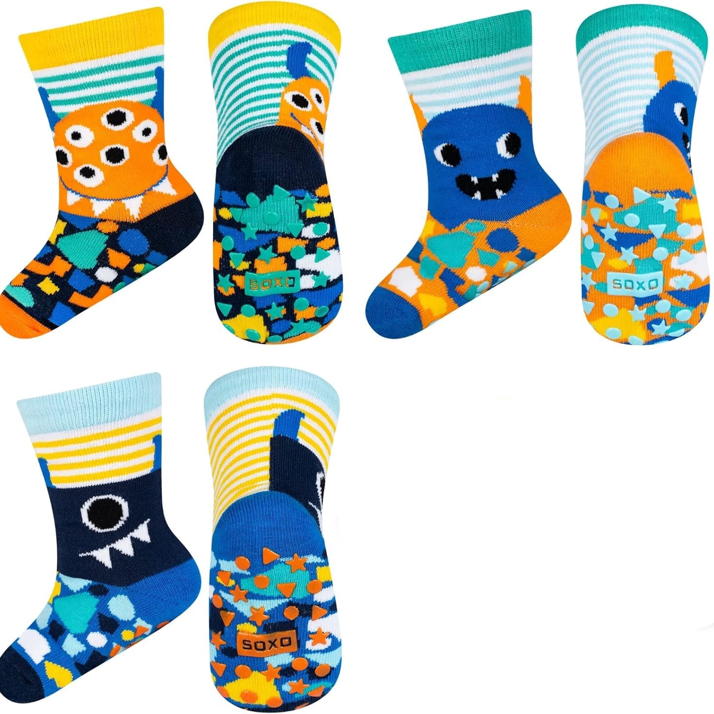 Soxo Kids Anti‑Slip Socks 3‑Pair Pack Cute Animal Designs